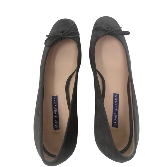 Stuart Weitzman Gabby Grey Slate Suede Bow Round Toe Block Heel Pumps Size 8 - Picture 9 of 14